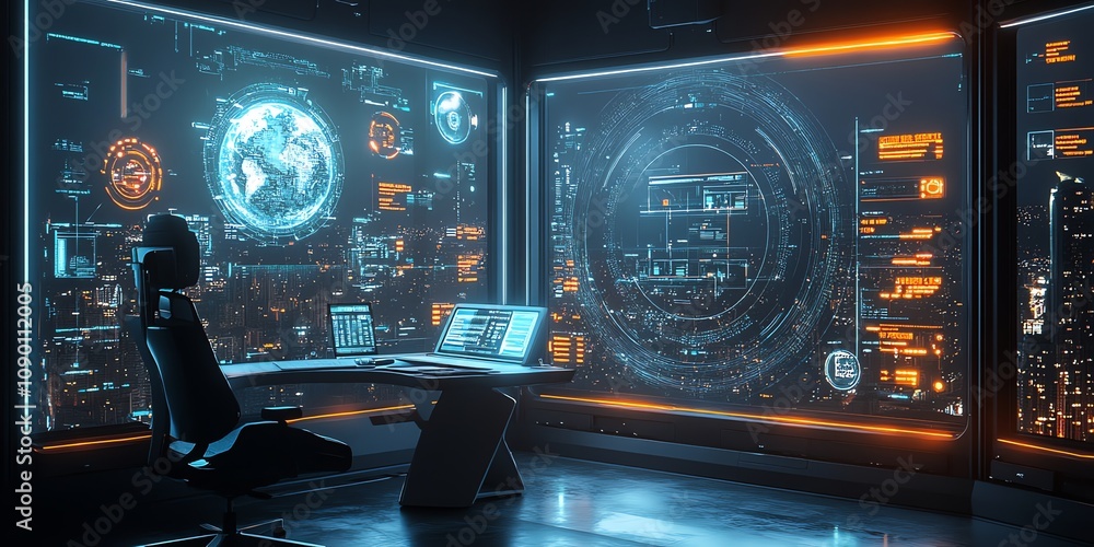 Poster Futuristic control room with holographic displays showing global data and digital interfaces.
