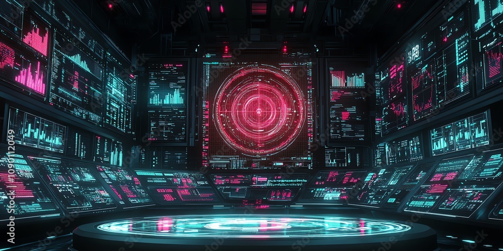 Aufkleber Futuristic control room with glowing screens displaying data and a central targeting system.