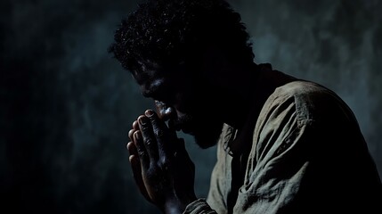 Side view of a man in humble prayer, hands folded and head bowed, with dramatic lighting casting shadows in a dark studio setting