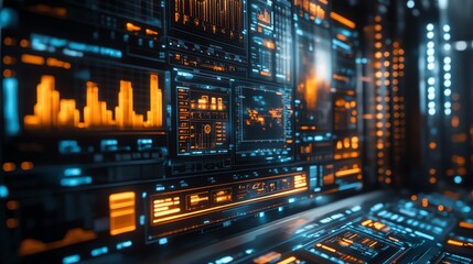 Futuristic digital interface with glowing orange and blue data displays showing graphs, charts, and world map.