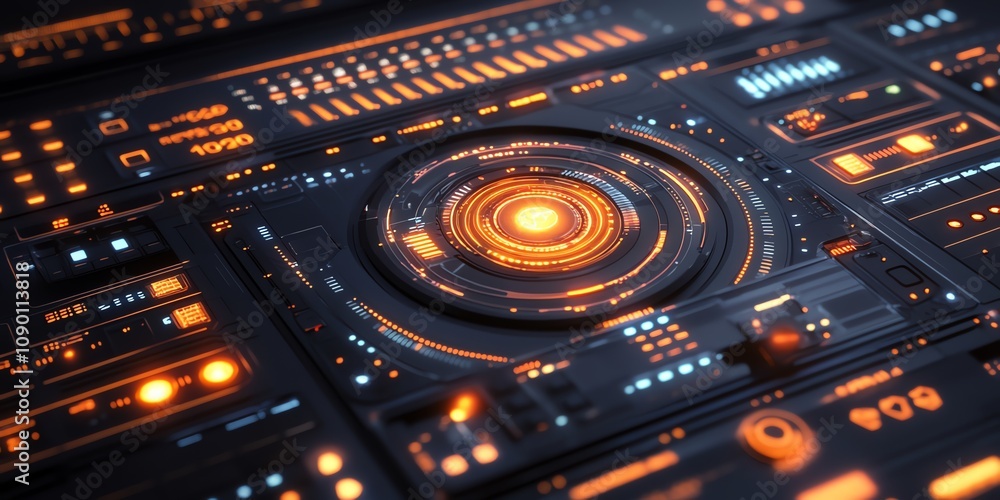 Aufkleber futuristic digital interface with glowing orange and blue lights, close-up view of a complex control