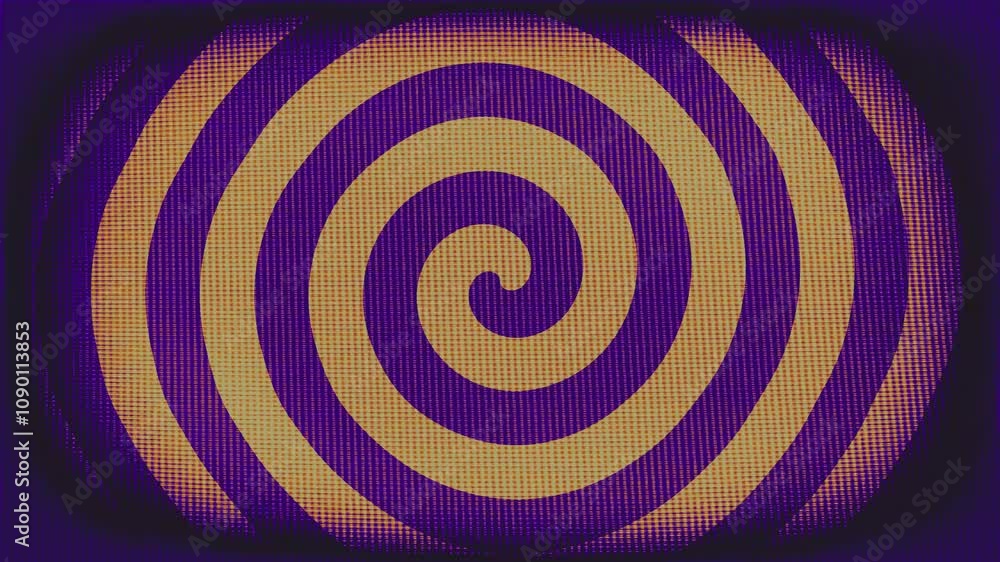 Poster purple and yellow spiral animation on display with glitches and distortion effects