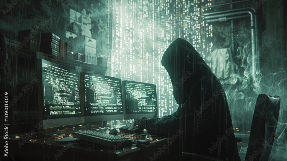 Poster a hooded figure working on multiple screens in a dark environment.