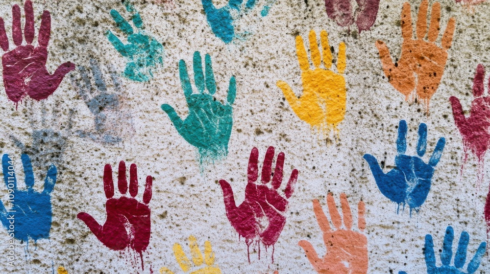 Poster a set of diverse handprints on a wall, representing the collective impact of different cultures and 