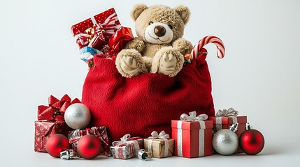A festive red bag filled with assorted toys, shiny gift boxes, candy canes, and a soft stuffed bear spilling out, set against a clean white background