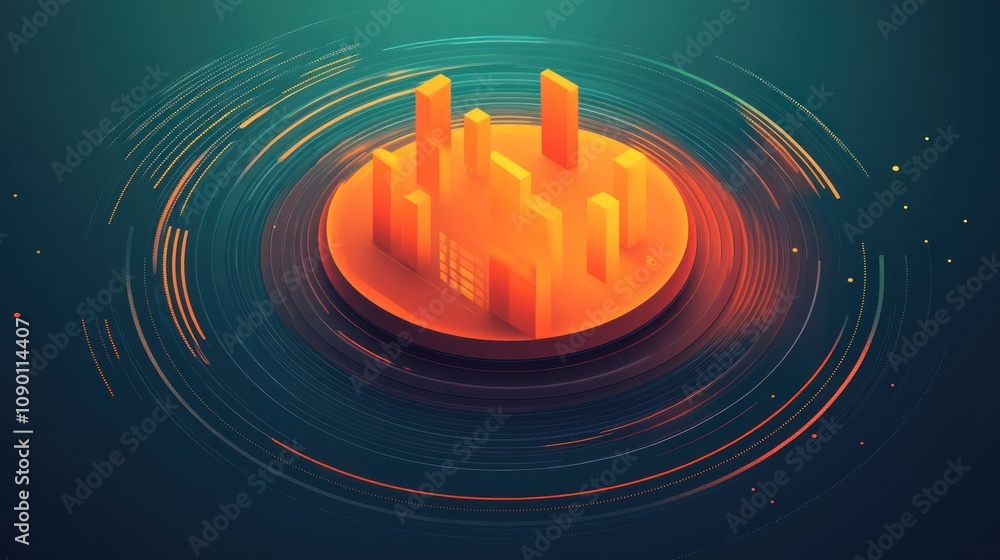 Poster a vibrant digital cityscape with abstract buildings on a circular base, surrounded by swirling lines