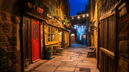 Fototapeta premium Night scene of a narrow, charming cobblestone alleyway with illuminated buildings, red door, and string lights.