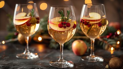 Naklejka premium 4 glasses of white wine with apple olive, decorated for Christmas, in the style of an apple and other fruits