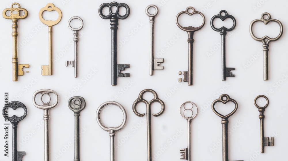 Poster A set of diverse keys forming a cohesive pattern, Symbolizing the unlocking of potential through diverse contributions, minimalist composition