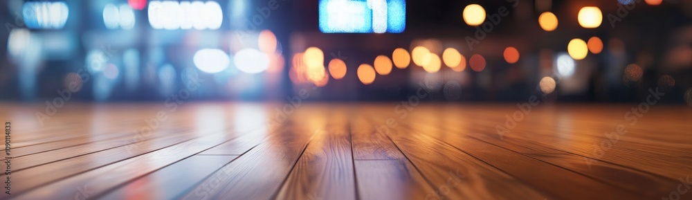 Poster a blurred urban scene with a wooden floor and soft bokeh lights in the background.