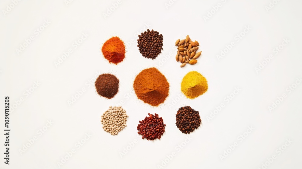 Poster A set of diverse spices arranged in a circular pattern, Symbolizing the richness and flavor that diversity brings to life, minimalist composition