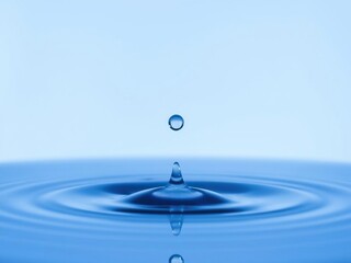 A single crystal clear water drop suspended above the surface of still water, illuminated by soft blue light that dances within the surrounding air, peaceful atmosphere, reflection, ambient light