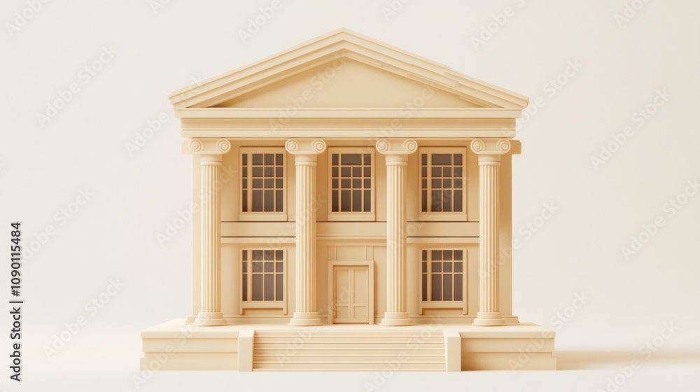 Poster a minimalist architectural model of a classical building with columns and steps.