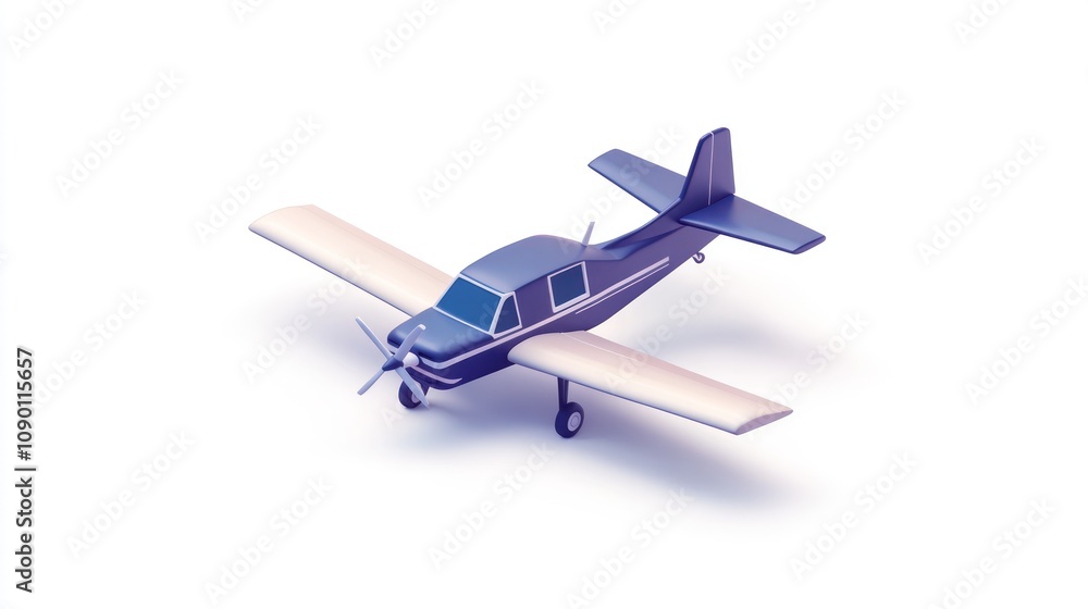 Poster a stylized model of a small aircraft with a blue and white color scheme.