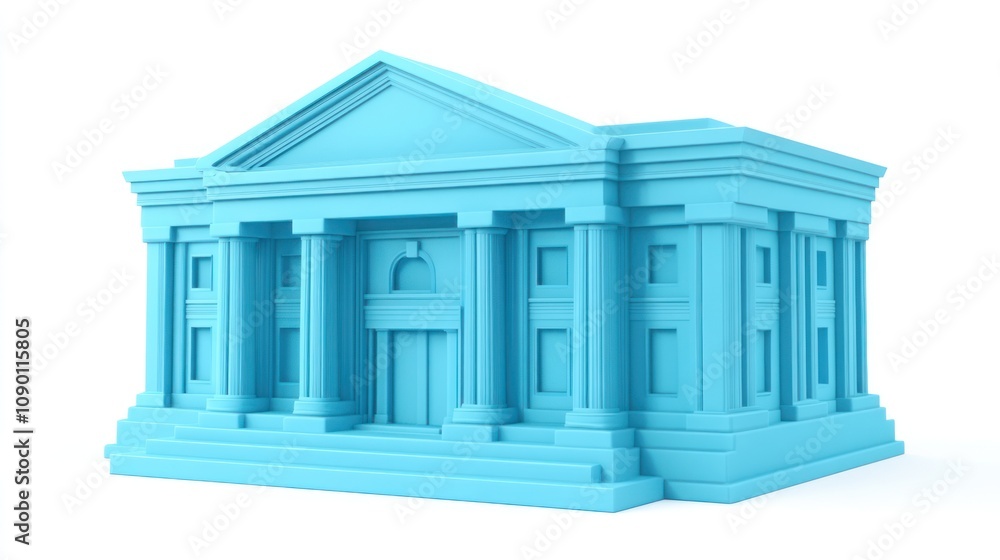 Poster A blue, three-dimensional representation of a classical building with columns and a pediment.