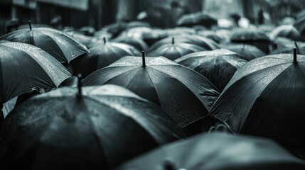 A silent protest in a rain-soaked square, with umbrellas held high and faces obscured by droplets, Symbolizing the struggle for justice in anonymity