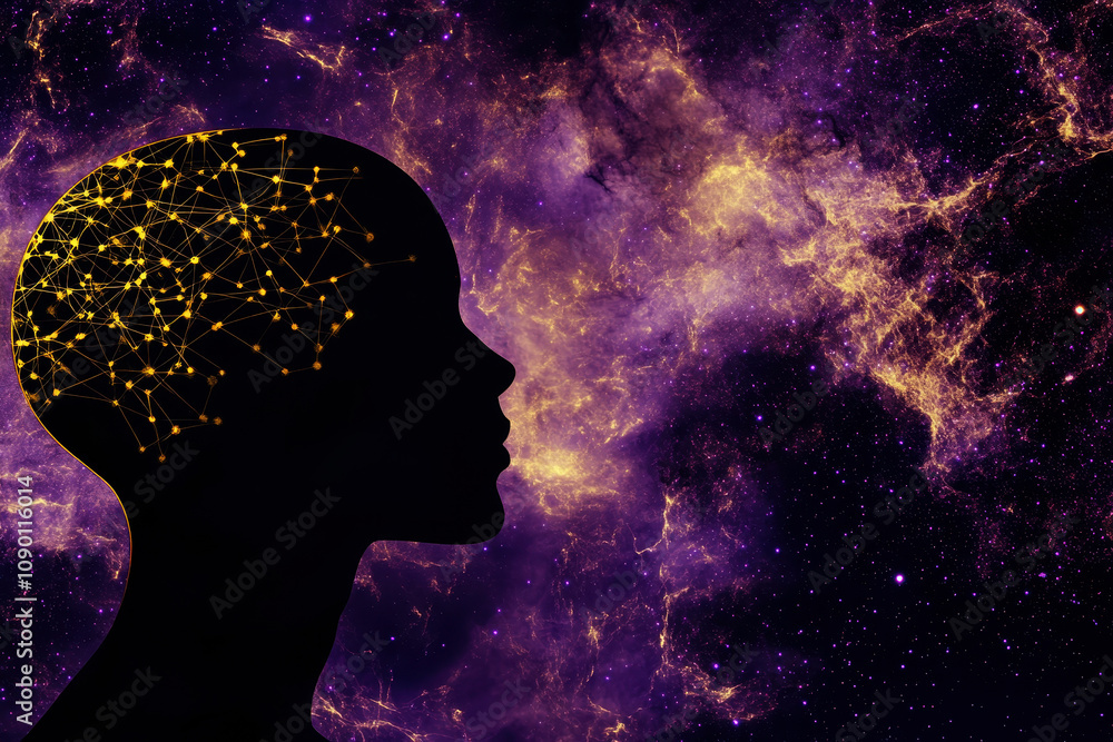 Poster silhouette of a head with a network of glowing neural connections against a cosmic background. ideal