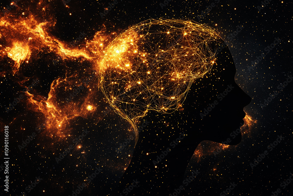 Poster silhouette of a head with a network of glowing neural connections against a cosmic background. ideal