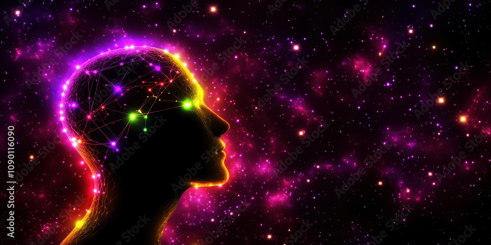 Poster silhouette of a head with a network of glowing neural connections against a cosmic background. ideal