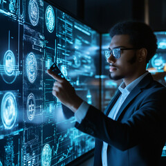 Young professional with AI-powered smart devices in an office