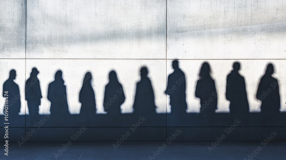 Aufkleber A single beam of light casting shadows of diverse people on a wall, representing the inclusivity and unity in shared experiences, minimalistic style