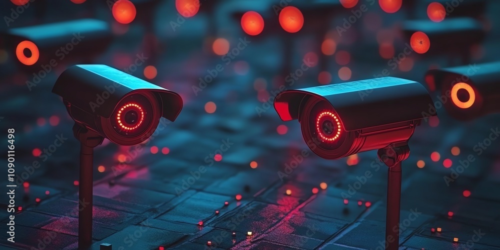 Aufkleber futuristic surveillance system with numerous security cameras glowing red in a dark environment.