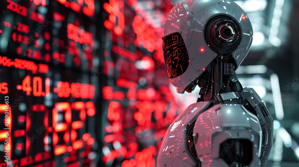 Poster a robot is standing in front of the stock trading board, displaying real-time global financial data 