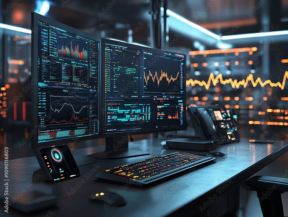 Poster futuristic trading desk with monitors displaying financial data.