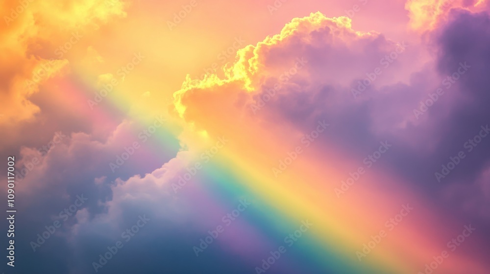 Poster a single beam of sunlight breaking through clouds, forming a spectrum of colors, highlighting the be