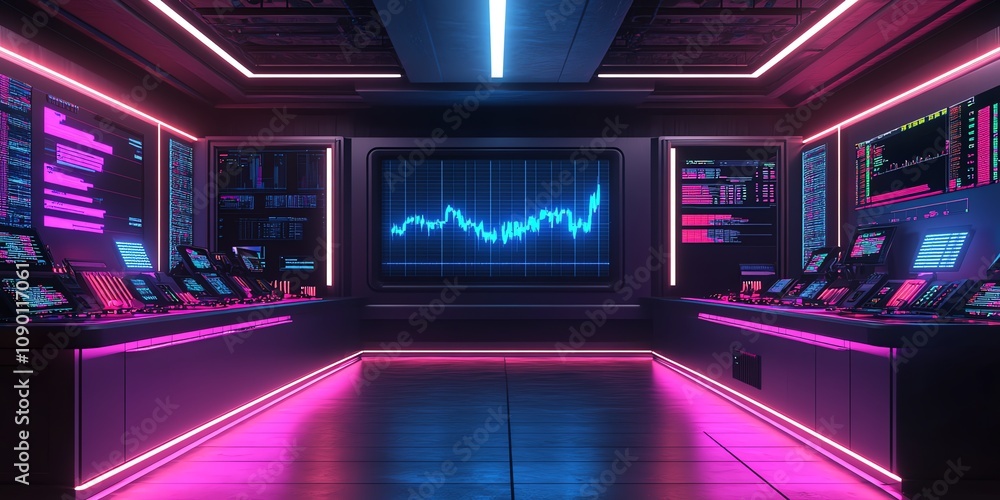 Poster futuristic trading room with neon lights and stock market chart displayed on a large screen.