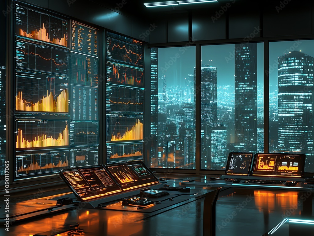 Poster Futuristic trading room with city view at night, featuring multiple monitors displaying financial data and graphs.