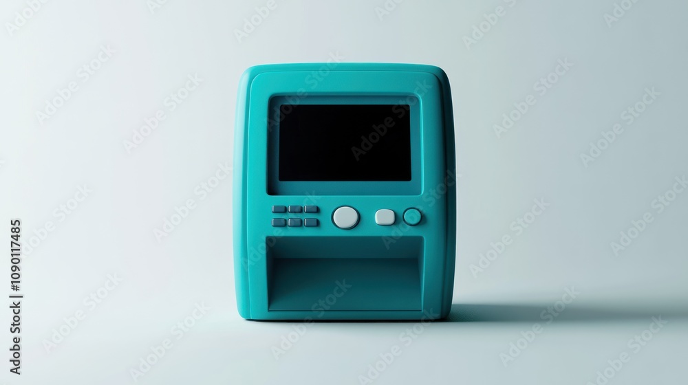 Fototapete a teal-colored atm-like machine with a screen and buttons, designed for transactions.