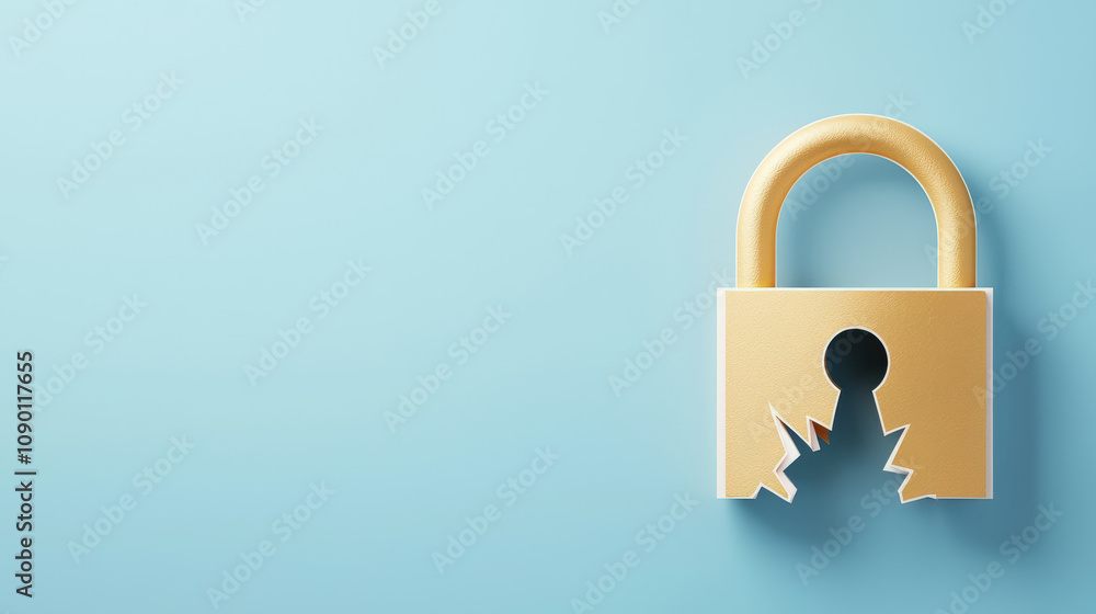 Poster golden padlock with broken keyhole symbolizes security issues and vulnerability. this 3d illustratio
