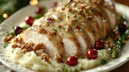 Sliced turkey breast with gravy, mashed potatoes, cranberries, and asparagus. (1)