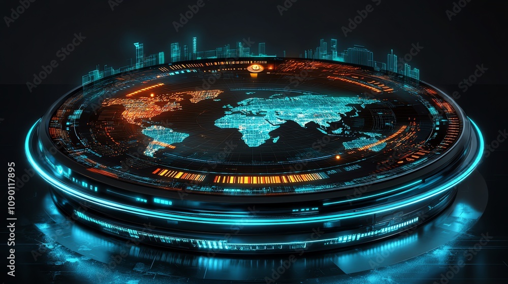 Poster Futuristic world map hologram on a circular display with city skyline.