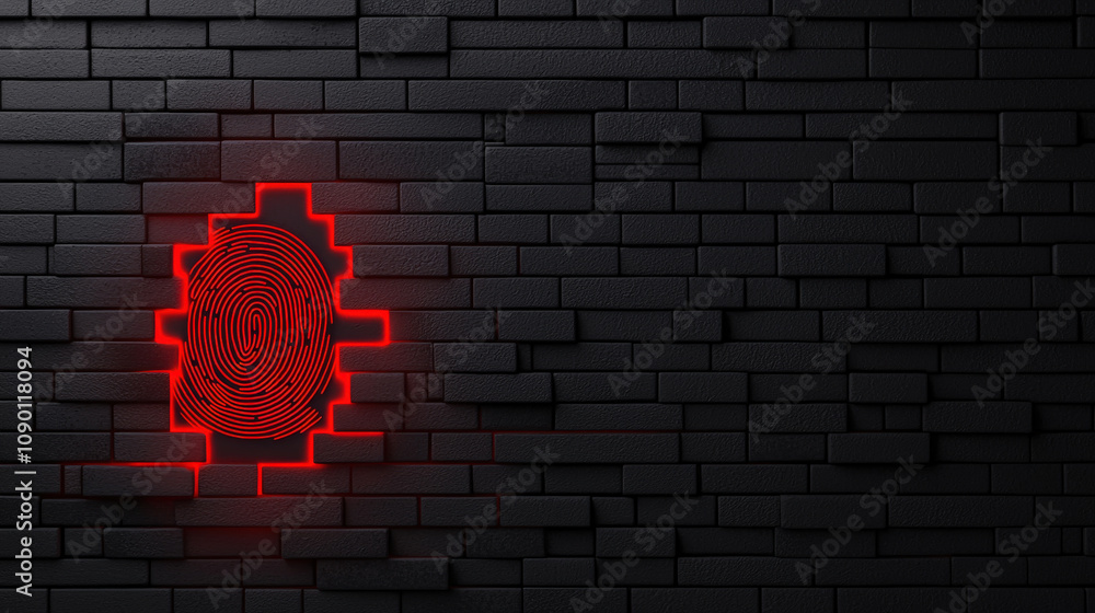 Poster striking 3d render of black brick wall featuring red glowing biometric fingerprint design, symbolizi