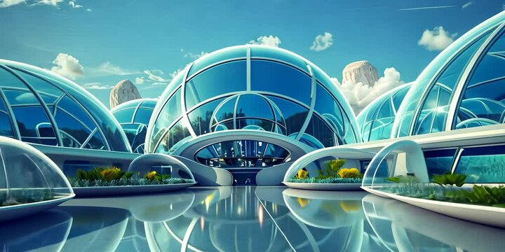 Futuristic utopia governed by empathy and equality, where advanced AI ensures universal healthcare and education, under a dome of clear blue skies, 4K Video
