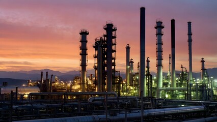 Fototapeta premium Oil Refinery at Night with Illuminated Pipes, Smokestacks, and Industrial Machinery in Full Operation