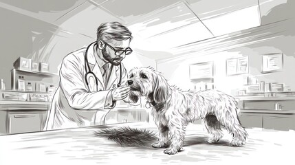 A veterinarian examines a dog in a clinic setting, emphasizing care and health.