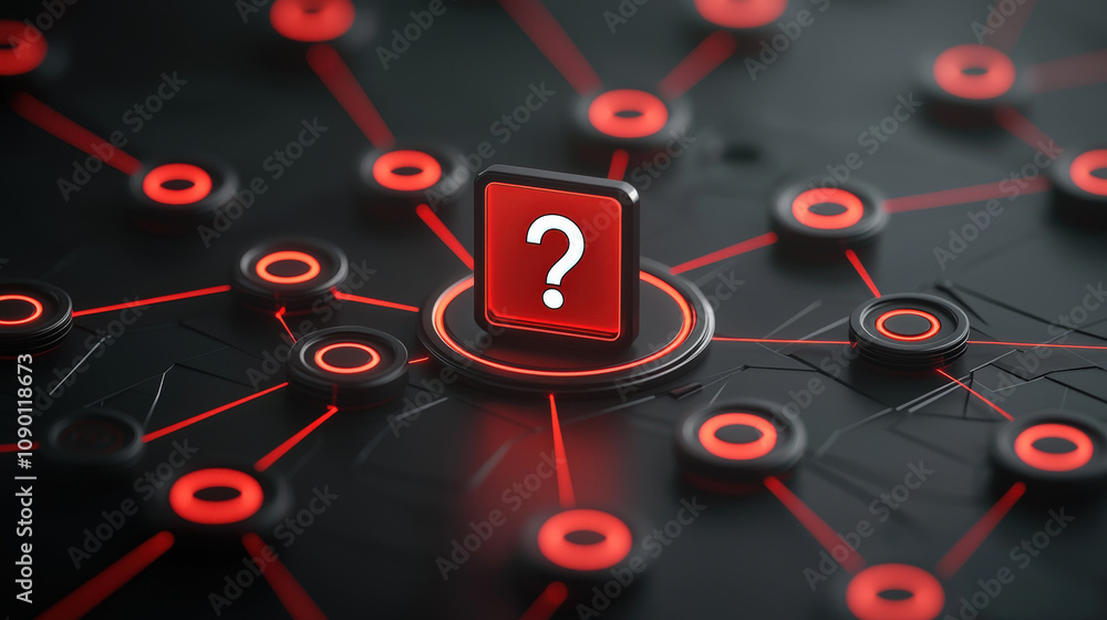 Poster 3d rendering of red glowing question mark icon on black background, surrounded by interconnected nod