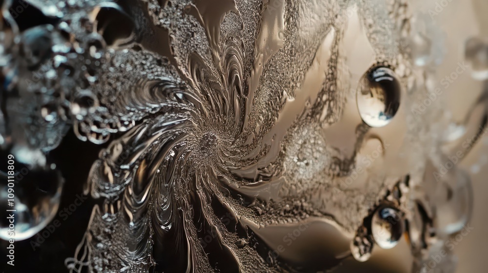 Poster artistic droplets forming intricate patterns on a frosted mirror surface, capturing the beauty of na
