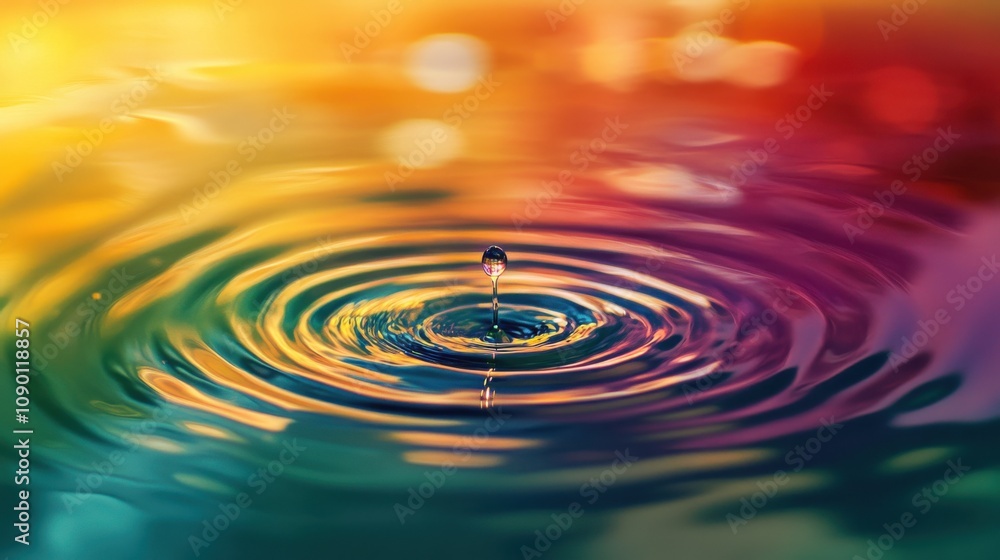 Poster A single droplet creating multicolored ripples in a pond, Highlighting the broad impact of individual inclusive actions, minimalistic style
