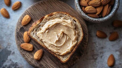 Artisanal Almond Butter Spread on Rustic Whole Grain Toast for a Nutritious Breakfast or Snack