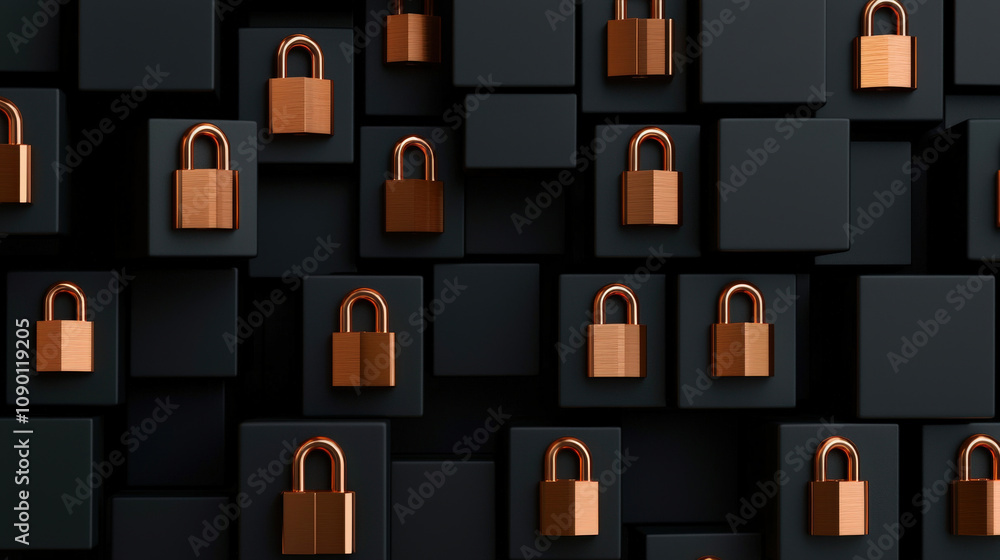 Poster black matte plastic cubes with copper padlocks create striking visual. contrast between dark backgro