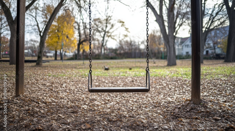 Poster A single empty swing in an abandoned playground, Illustrating the decline of community spaces in urban areas, minimalistic style