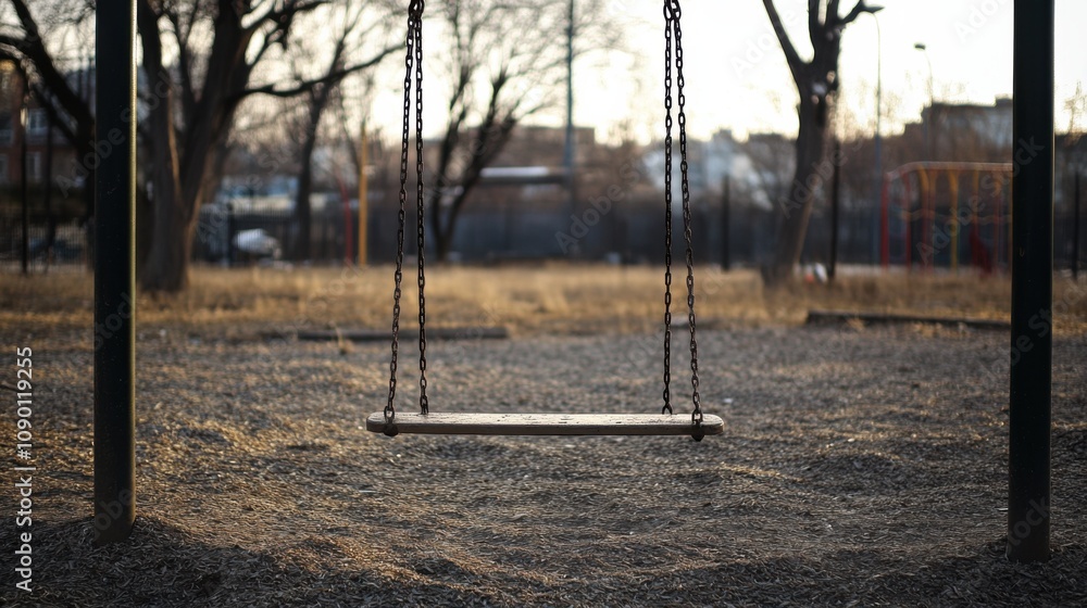 Poster A single empty swing in an abandoned playground, Illustrating the decline of community spaces in urban areas, minimalistic style