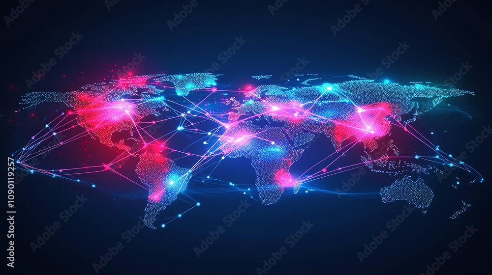 Fototapete Global network connections visualized on a world map with glowing lines and nodes.