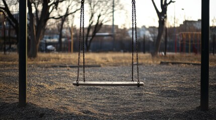 A single empty swing in an abandoned playground, Illustrating the decline of community spaces in urban areas, minimalistic style