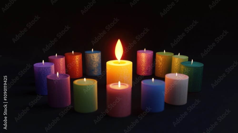 Poster A single flame surrounded by different colored candles, Symbolizing the unity and warmth created by diverse contributions, minimalistic style