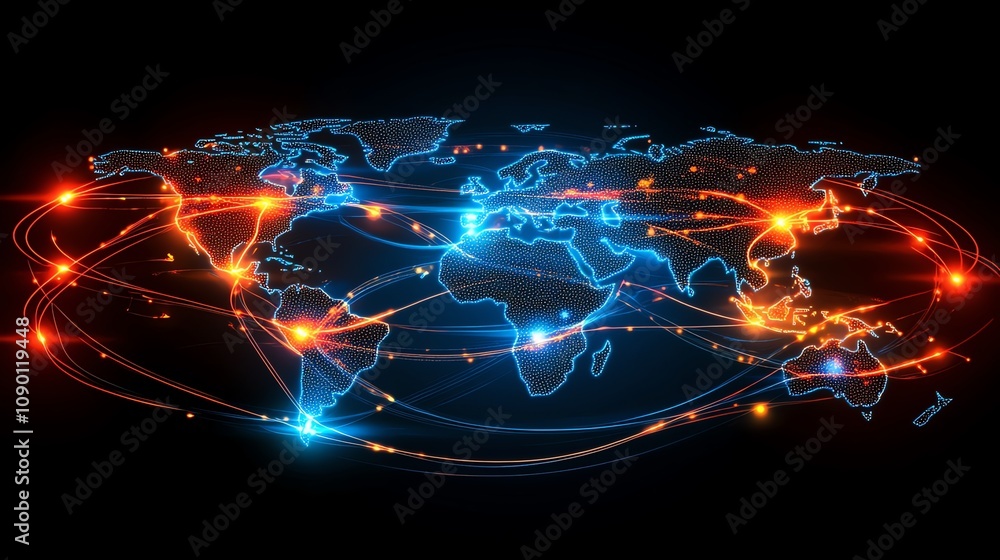 Aufkleber Global network connections visualized on a world map with glowing lines.